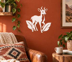 Vinyl deer step decal with white outline and tropical leaves