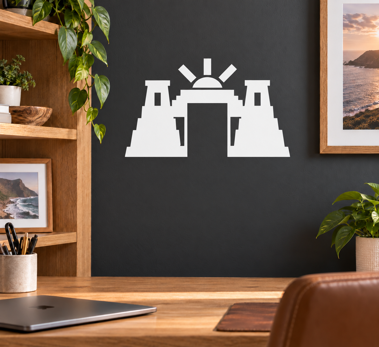 Stepped sunrise gateway vinyl decal in black and white silhouette on a wall