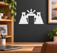 Stepped sunrise gateway vinyl decal in black and white silhouette on a wall