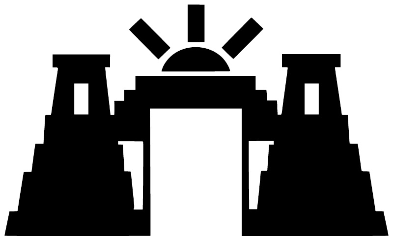 Black and white stepped gateway vinyl decal with central doorway and sun rays