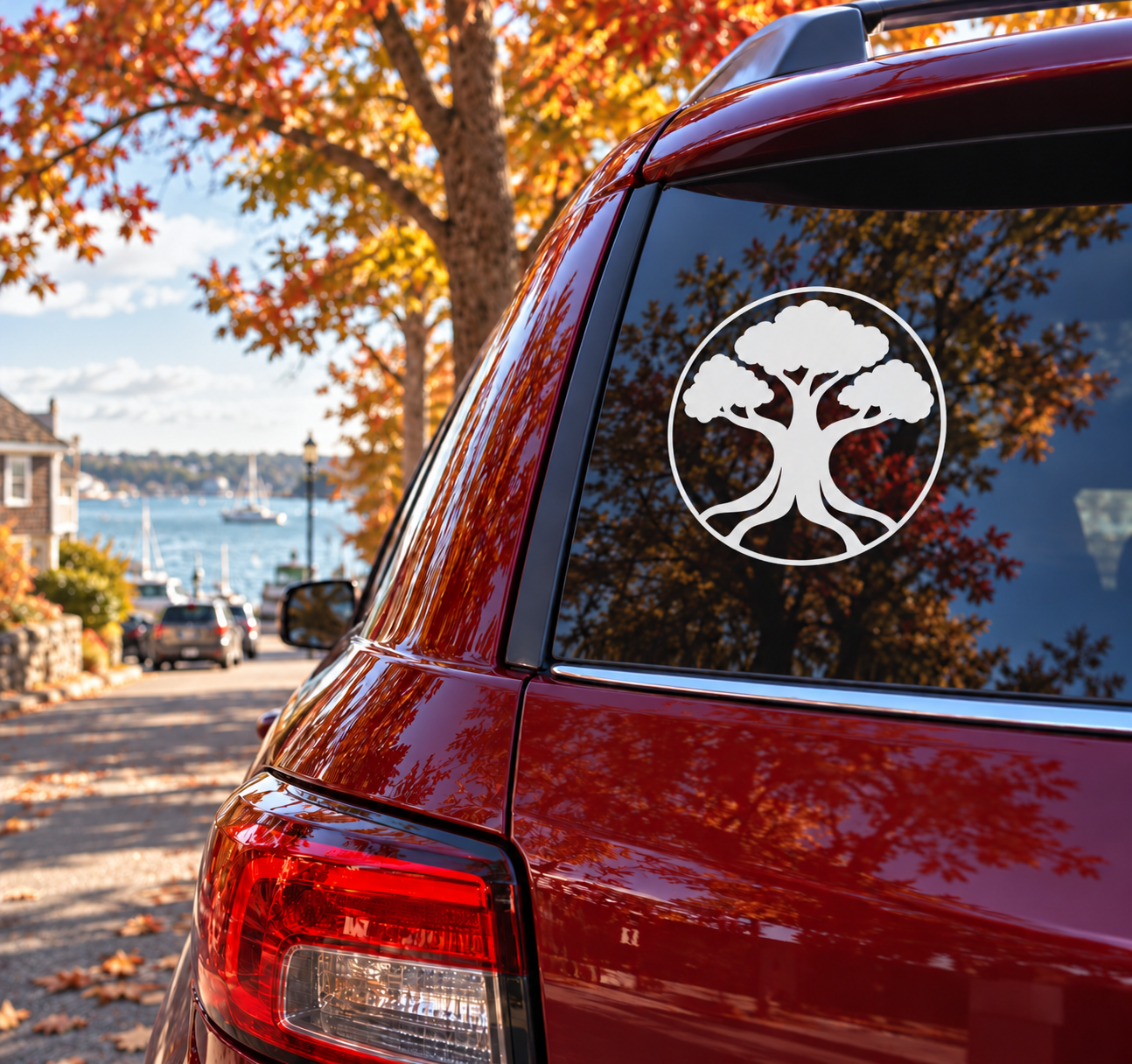 Car window vinyl decal medallion with white tree-of-life icon in a circle