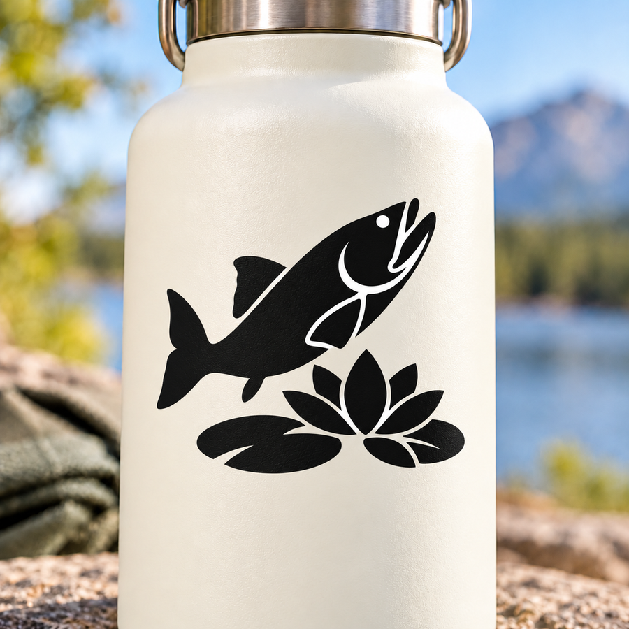 Water lily fish vinyl decal, black fish and water lily flower silhouette on white