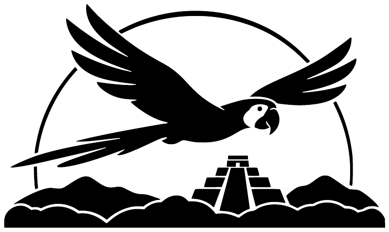 Black macaw vinyl decal design with flying bird over pyramid and ocean waves