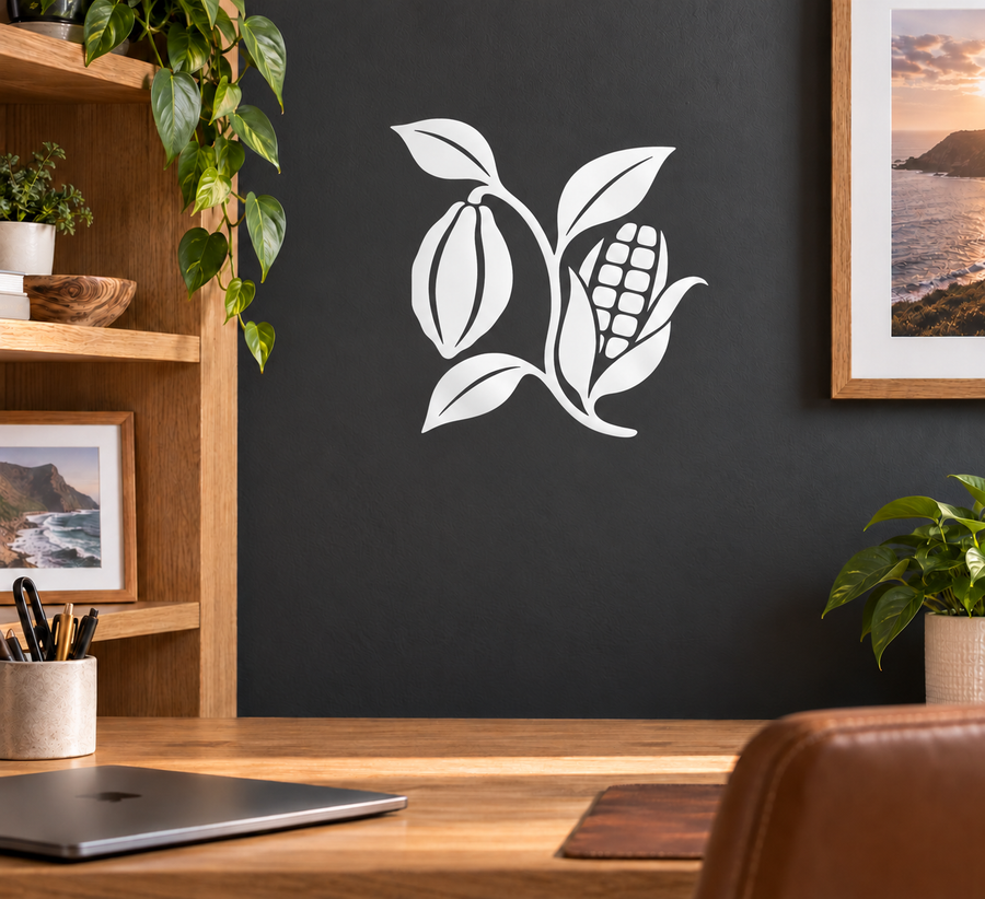 Black vinyl harvest decal with cocoa pod, corn cob, and leaves on wall