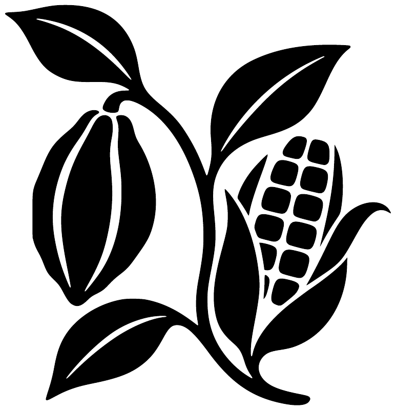 Black and white cocoa pod and corn cob vinyl decal with leaves, close-up