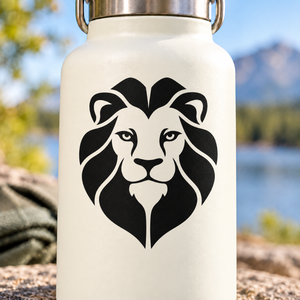 Lion face crest vinyl decal: black lion head on white bottle