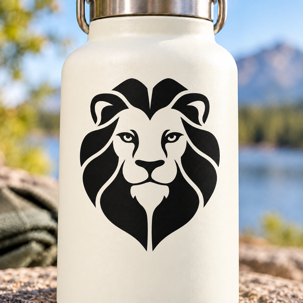 Lion face crest vinyl decal: black lion head on white bottle