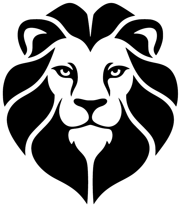 Lion face crest vinyl decal, black lion head with white highlights