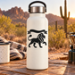 White bottle with black lion vinyl decal on the front