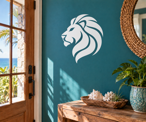 White medieval lion head profile vinyl decal for door or wall