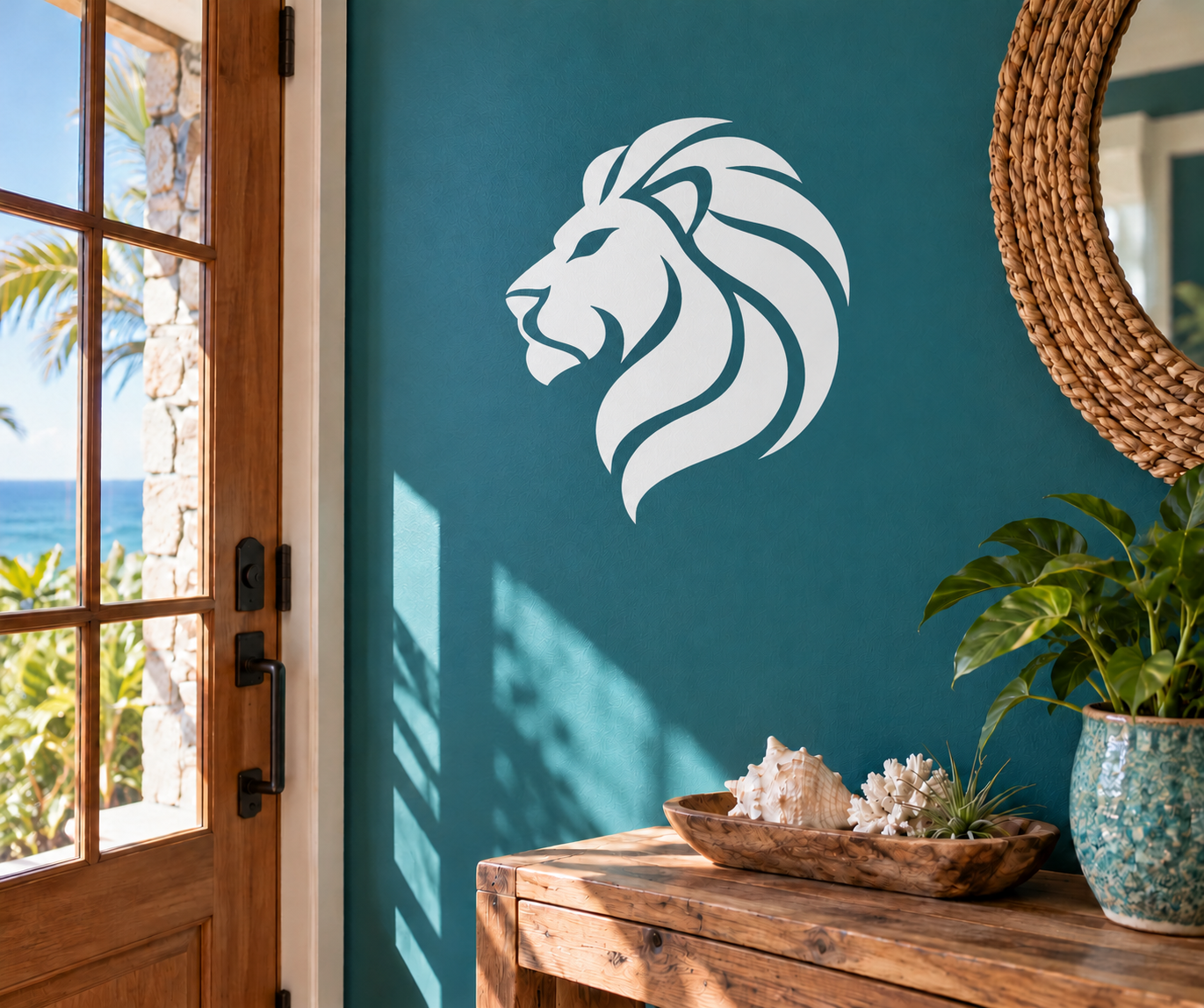 White medieval lion head profile vinyl decal for door or wall