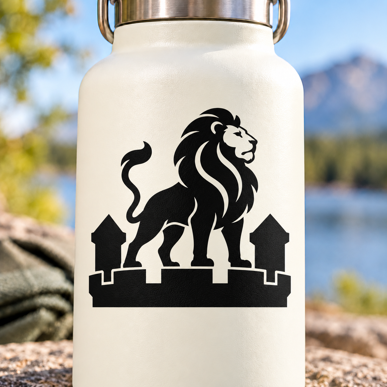 Black lion king vinyl decal with flowing mane and castle silhouettes at base