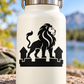 Black lion king vinyl decal with flowing mane and castle silhouettes at base