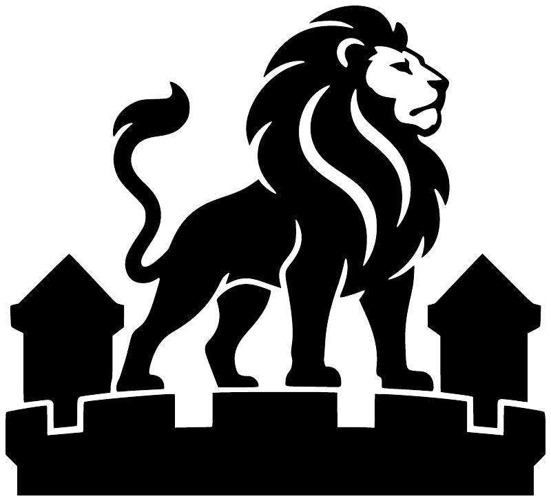 Black lion king vinyl decal silhouette with castle wall base and crown details