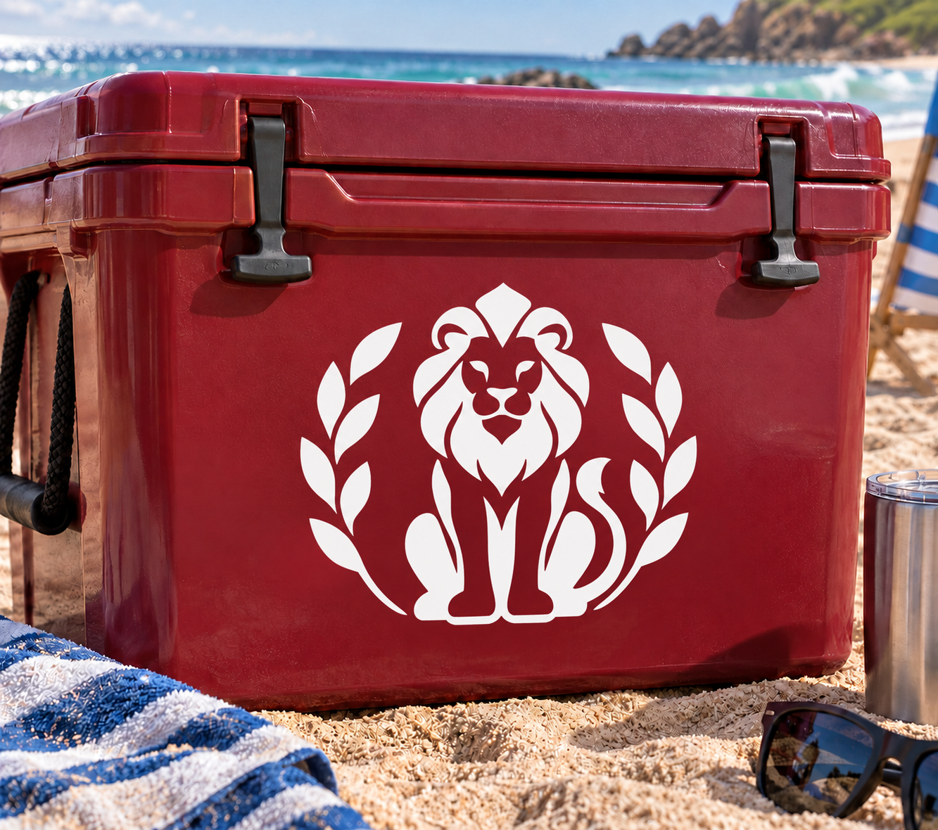Vinyl lion medallion decal with laurel leaves on a red cooler lid
