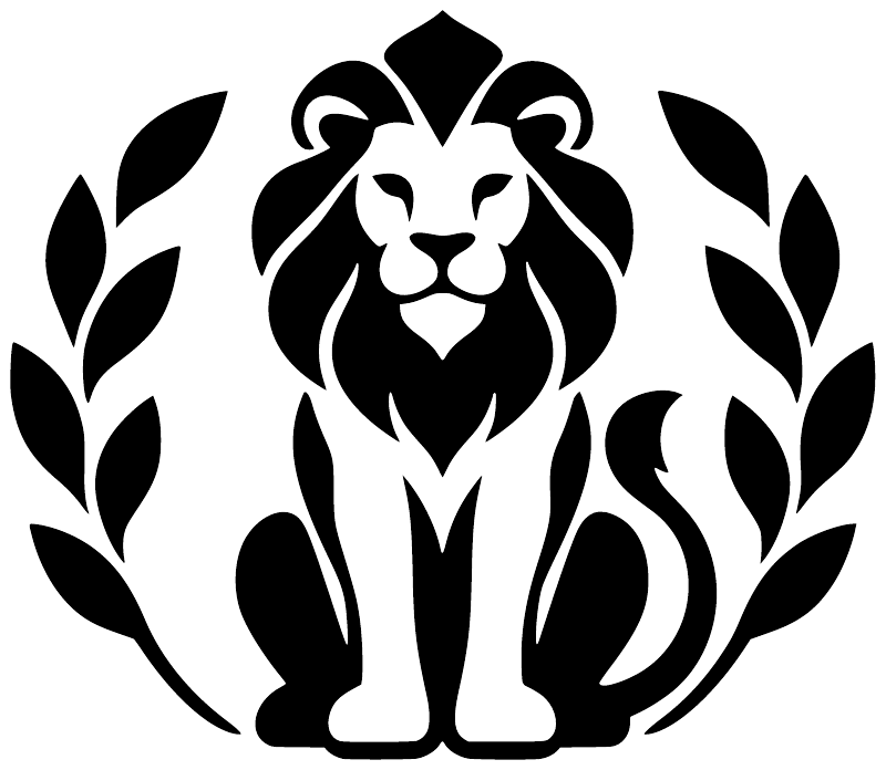 Lion medallion vinyl decal with laurel wreath, black design on white