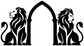 Arch vinyl decal with two black lion silhouettes and open arch center