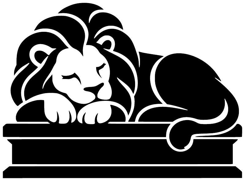 Black sleeping lion vinyl decal with castle-style base and white outline