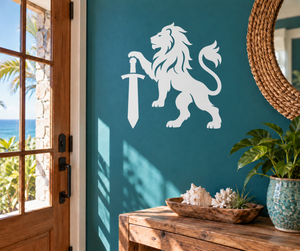 White medieval lion vinyl wall decal holding a sword