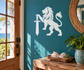 White medieval lion vinyl wall decal holding a sword