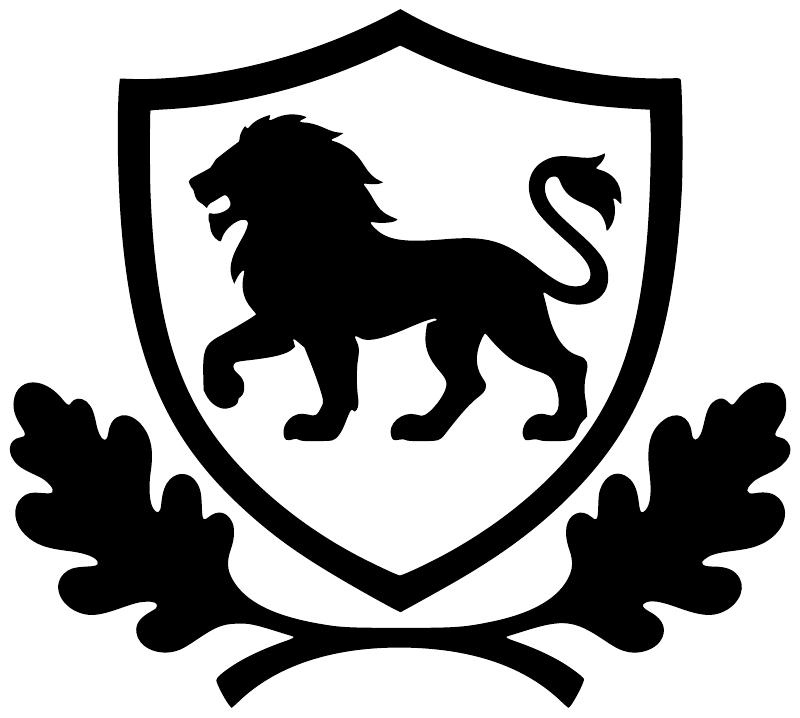 Shield vinyl decal with black lion silhouette and laurel leaves, bold outline