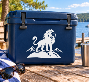 Lion guardian vinyl decal: white lion standing on rocks with mountains