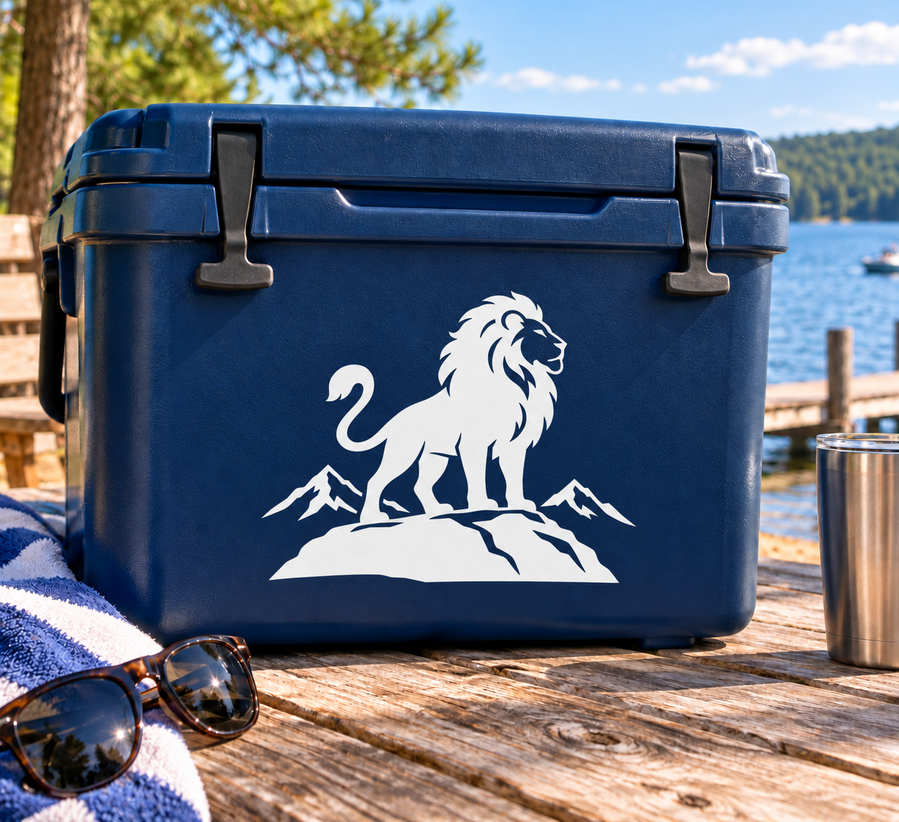 Lion guardian vinyl decal: white lion standing on rocks with mountains