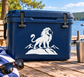 Lion guardian vinyl decal: white lion standing on rocks with mountains