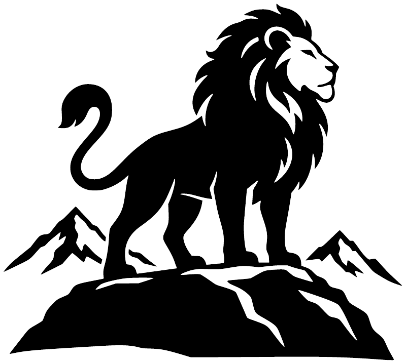 Lion guardian vinyl decal: black lion standing on rocks with mountains