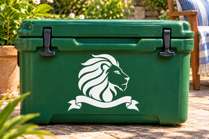 Lion head pennant vinyl decal, white lion logo on dark green surface