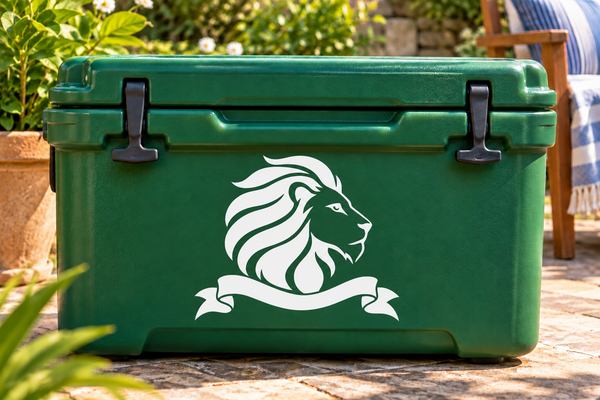 Lion head pennant vinyl decal, white lion logo on dark green surface