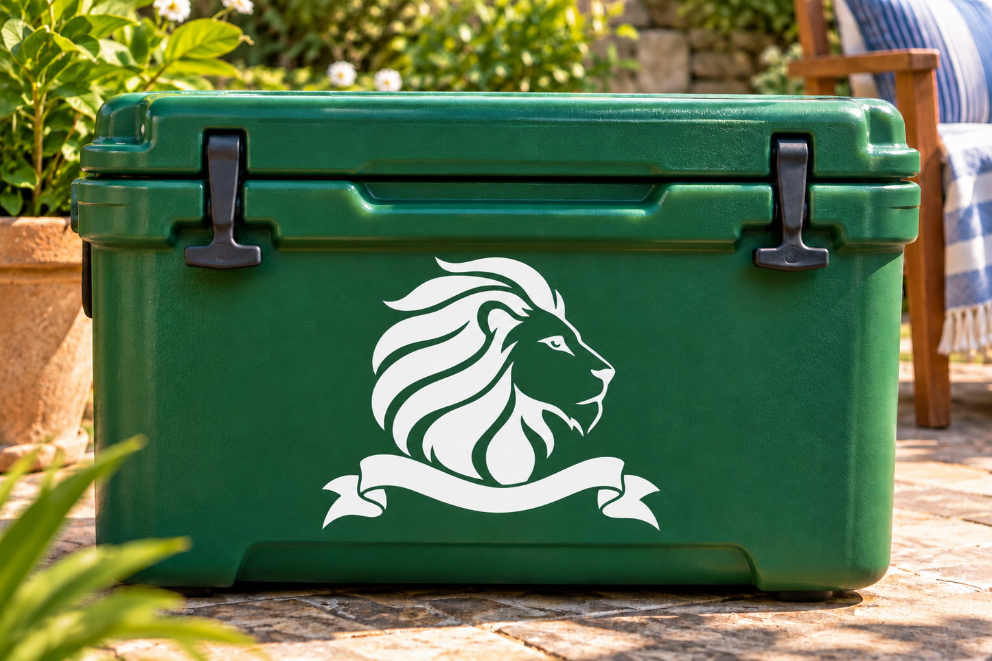 Lion head pennant vinyl decal, white lion logo on dark green surface
