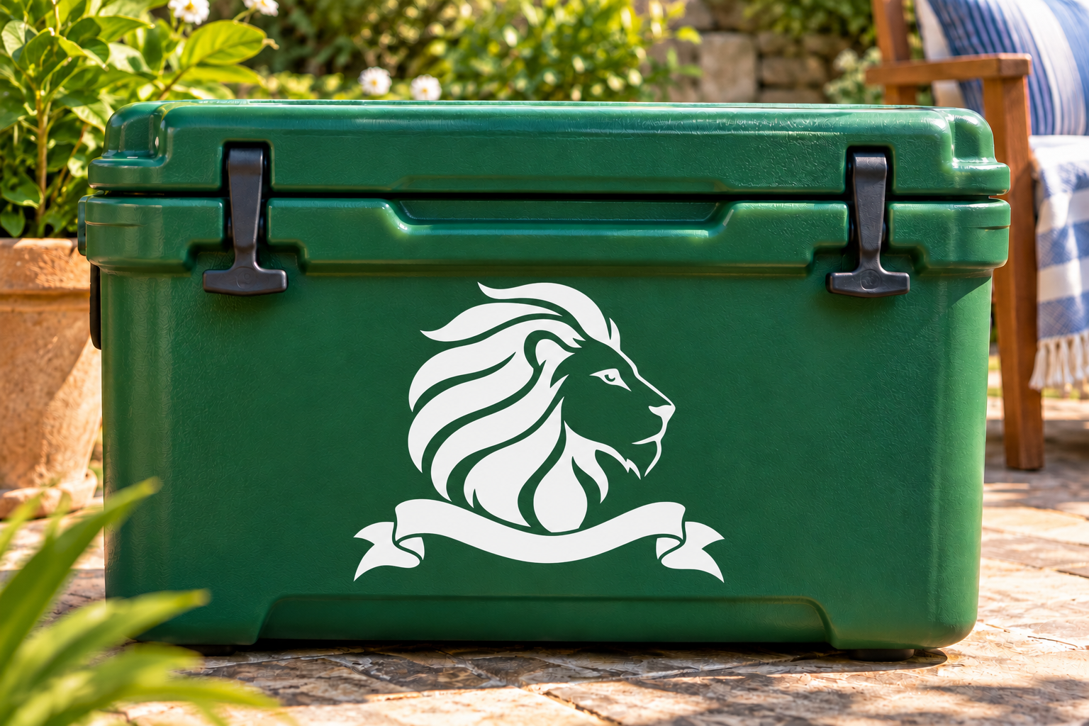 Lion head pennant vinyl decal, white lion logo on dark green surface