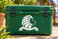 Lion head pennant vinyl decal, white lion logo on dark green surface