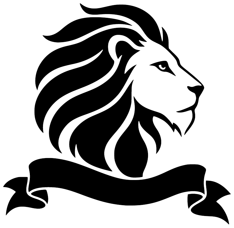 Lion head pennant vinyl decal logo, black and white lion head with mane
