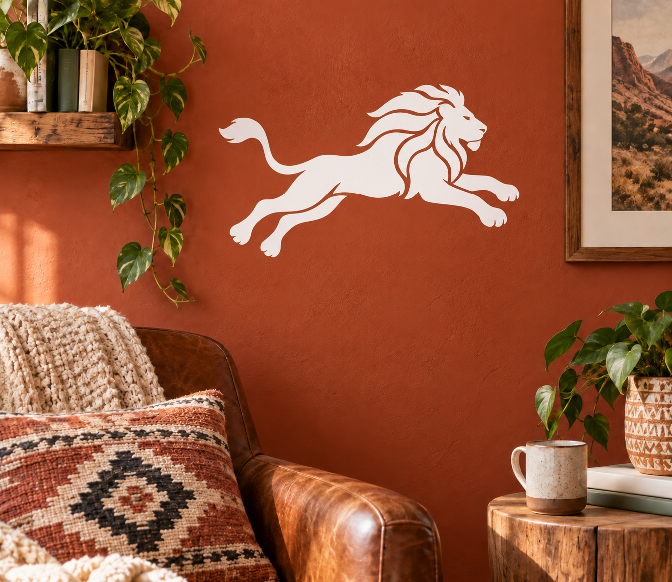 Leaping mane lion vinyl decal with white silhouette on a wall