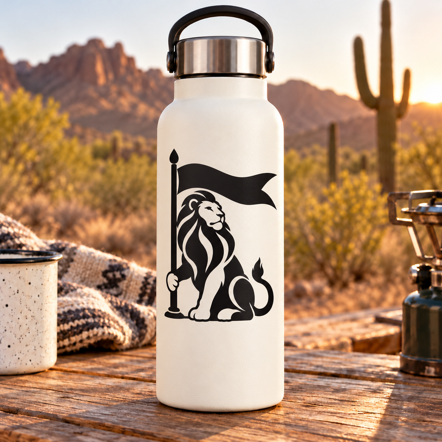 Vinyl lion banner decal, black-and-white lion holding a flag on a bottle