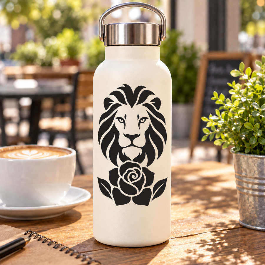 Lion face vinyl decal with black rose crest on a white bottle