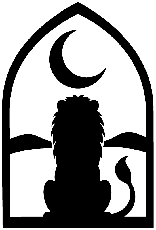 Arch-shaped lion and moon window vinyl decal, black silhouette on white