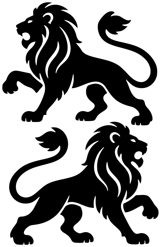 Pair of black medieval lion vinyl decal silhouettes on white background