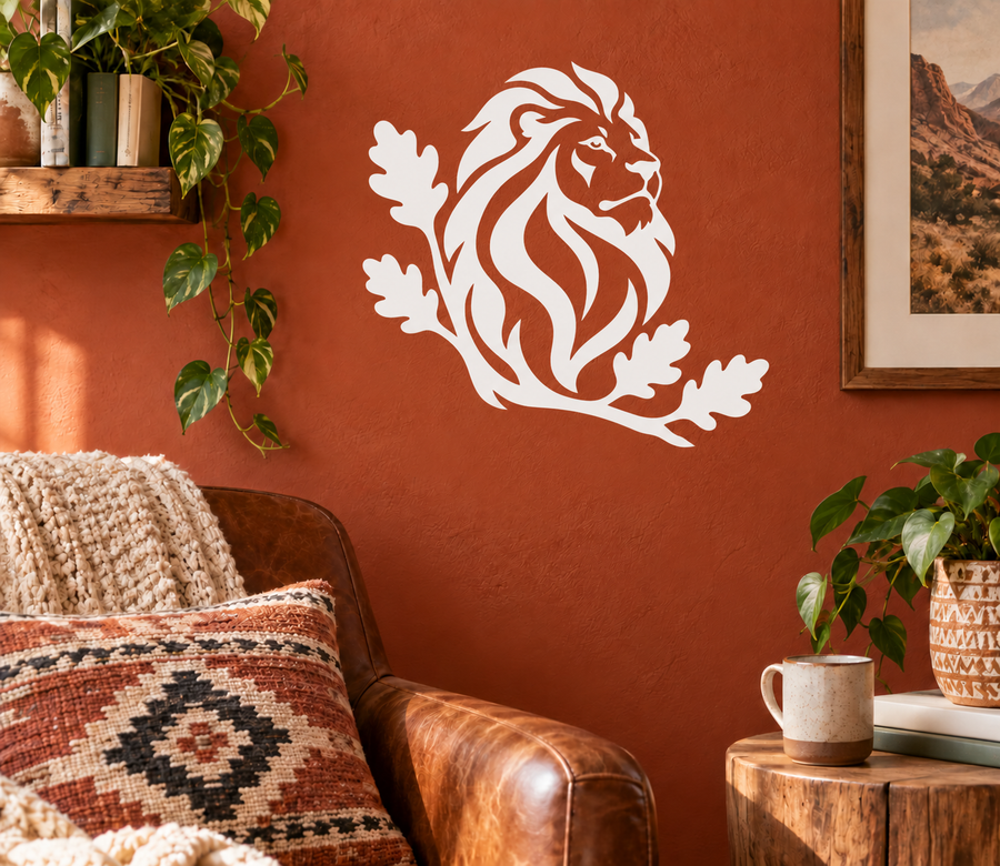 White corner lion vinyl decal with flowing maned head and leaf-like corner shapes