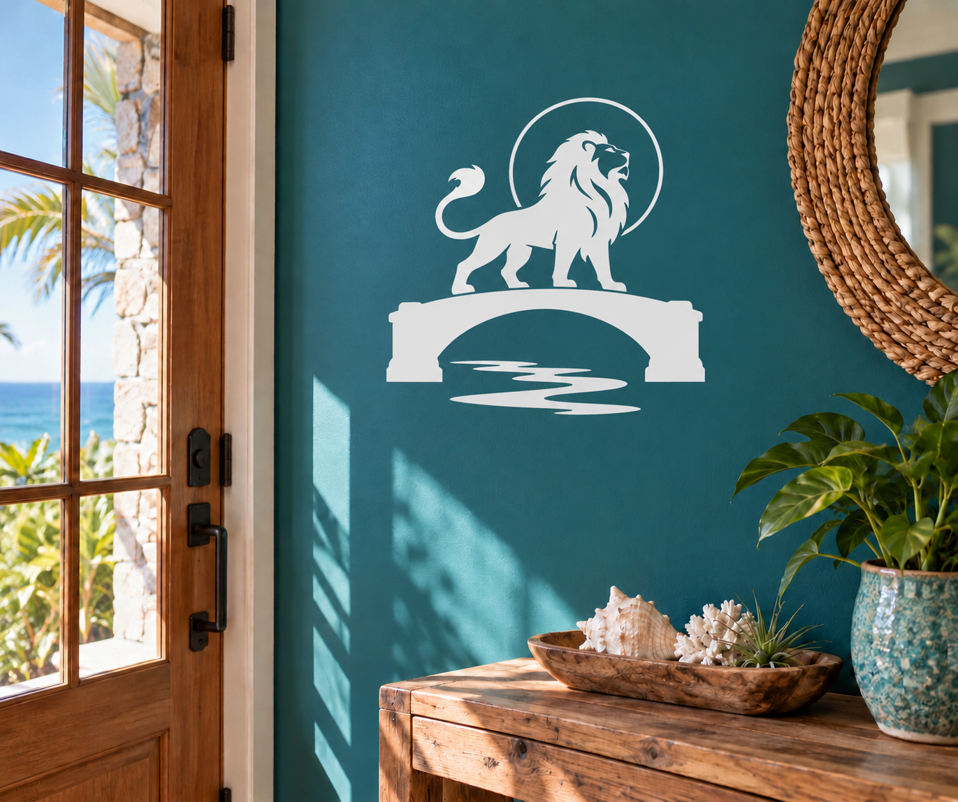 White lion-on-bridge vinyl decal with water waves