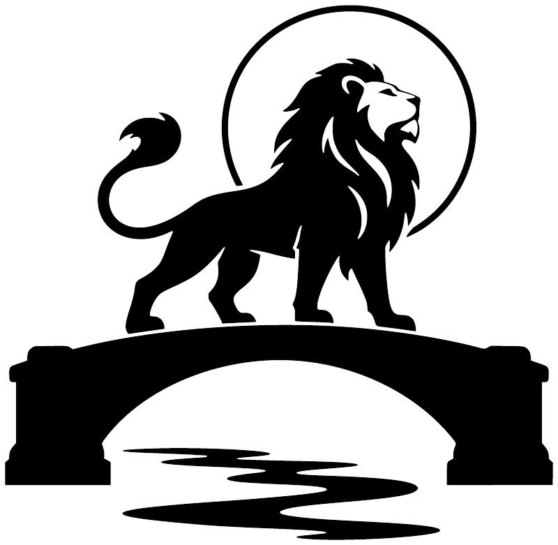 Black lion on bridge vinyl decal silhouette with circular emblem