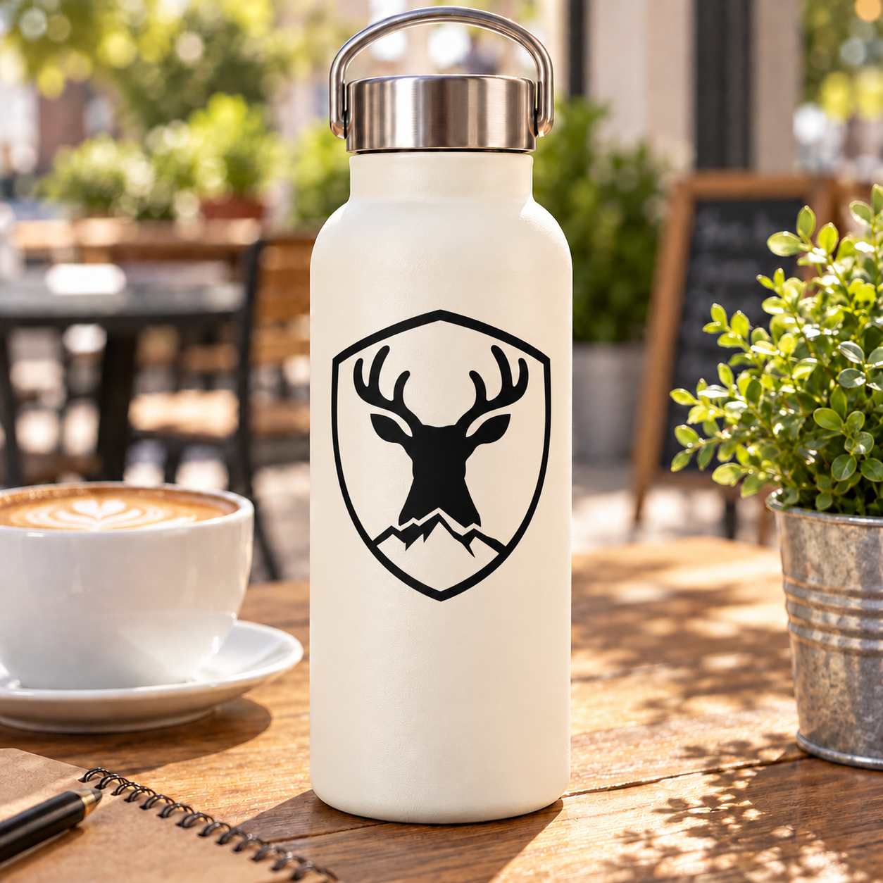 White water bottle with black stag shield vinyl decal