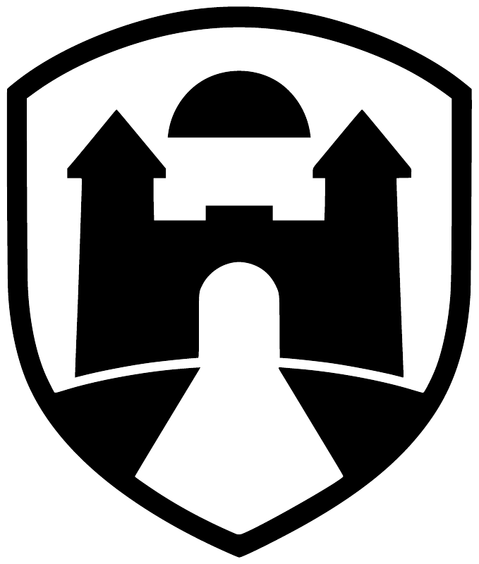 Castle shield vinyl decal with black fortress silhouette and white background