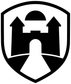 Castle shield vinyl decal with black fortress silhouette and white background
