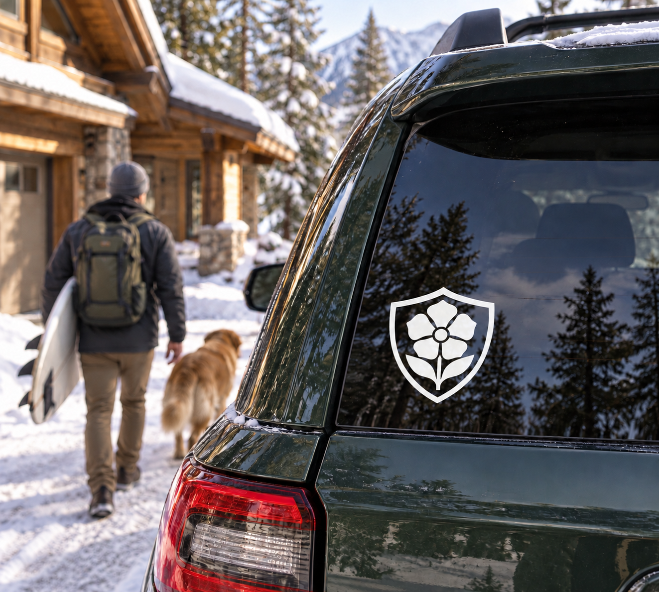 Shield-shaped vinyl decal with black rose-like flower crest on a vehicle window