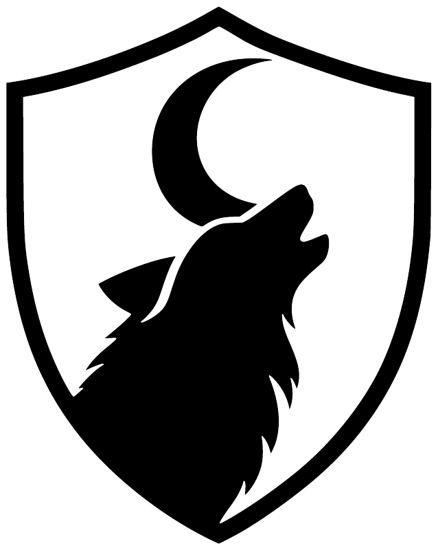 Black wolf head and crescent moon shield vinyl decal on white