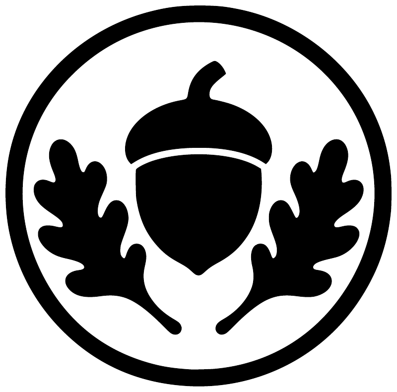Round vinyl decal icon: black acorn and oak leaves on white with thick black border
