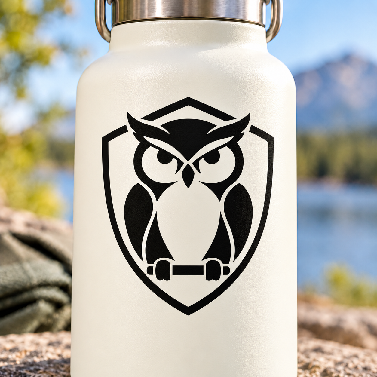Black owl head in shield vinyl decal, with raised fists and geometric outline.